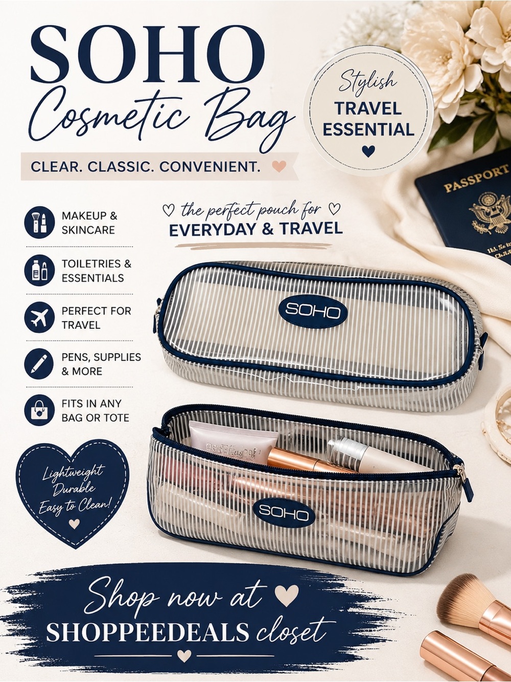 SOHO Clear Striped Cosmetic Bag Travel Toiletry Makeup Organizer Pouch